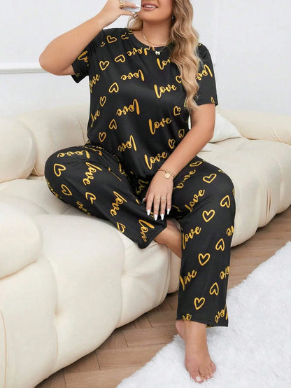 Women's Plus Size Sleepwear Heart Letters Print Pajama Set Casual Short-Sleeve Top and Pants Comfortable Relaxed Fit Loungewear