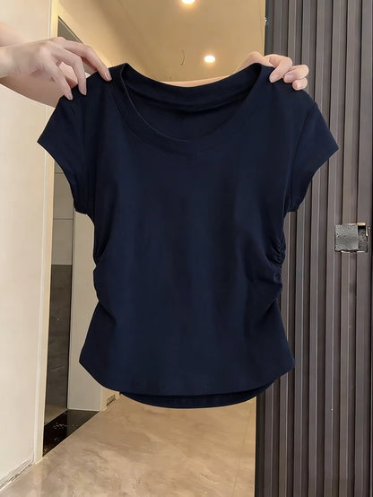 Women's Basic Solid Crop Top Short Sleeve Crewneck Skinny T-shirt Summer Casual Y2K Vintage Harajuku Streetwear