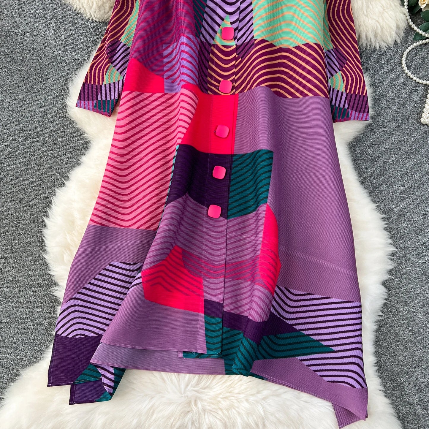 Miyake Pleated Drape Dress Women 2024 Spring Summer Colorblock Printing Lapel 3/4 Sleeve Single-breasted Fashion Shirt Dresses