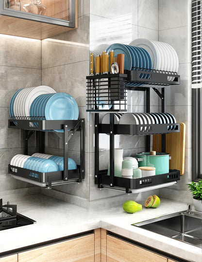 Foldable Kitchen Rack - 3 Layer Rust Resistant Bowl Rack | Punch Free Wall Mounted Storage