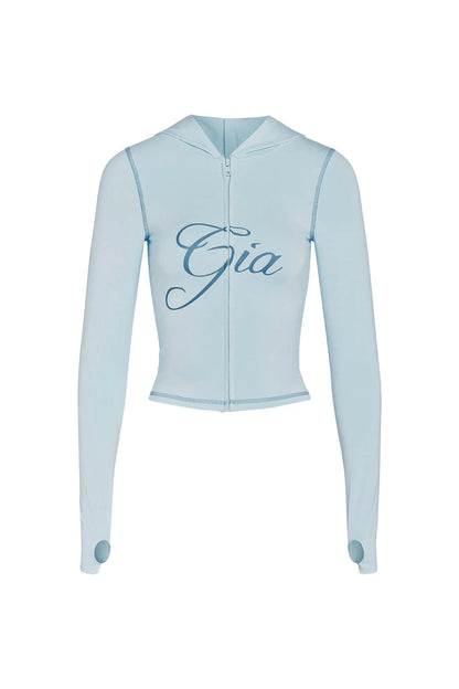 Gia neon pink regular shoulder slim-fit letter print topstitching design slim-fit hooded zip-up short jacket and pants set