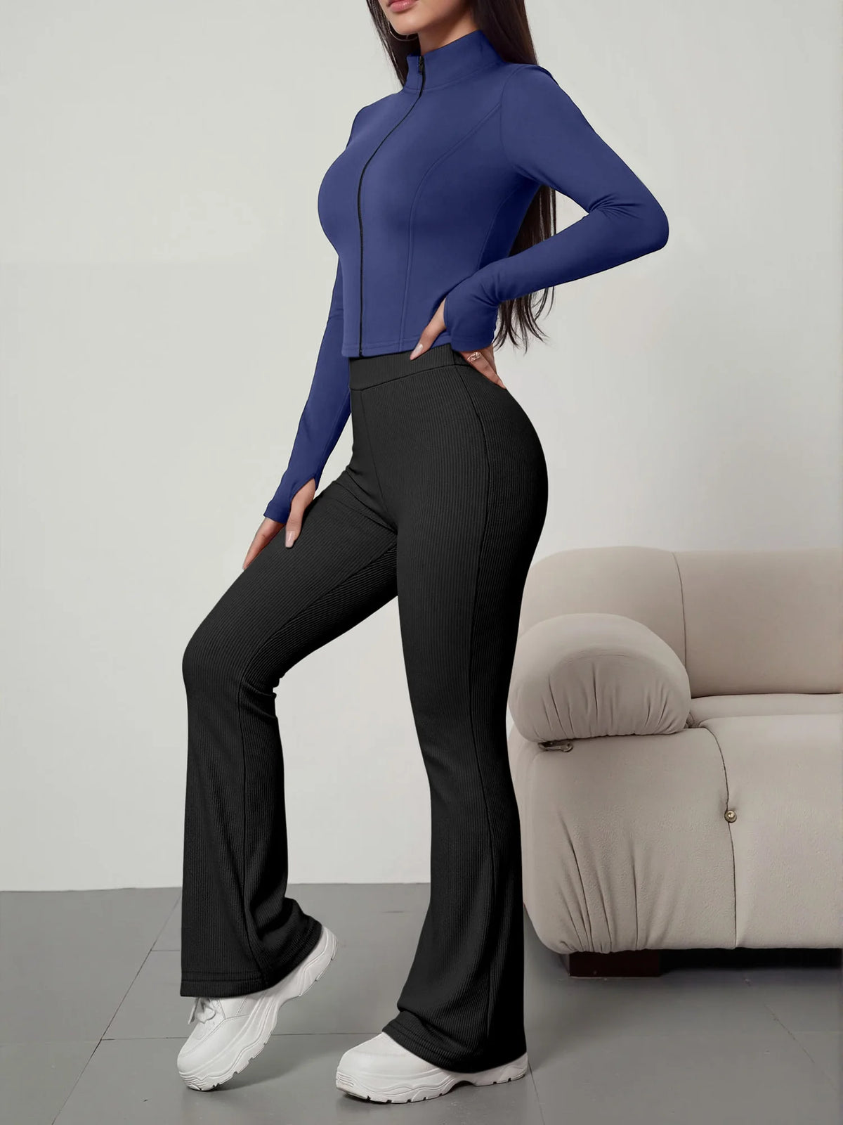 European American Women Ribbed Knit Two Piece Set, Long Sleeve Zip Top With High Waist Flare Pants, Casual Slim Daily Outfit