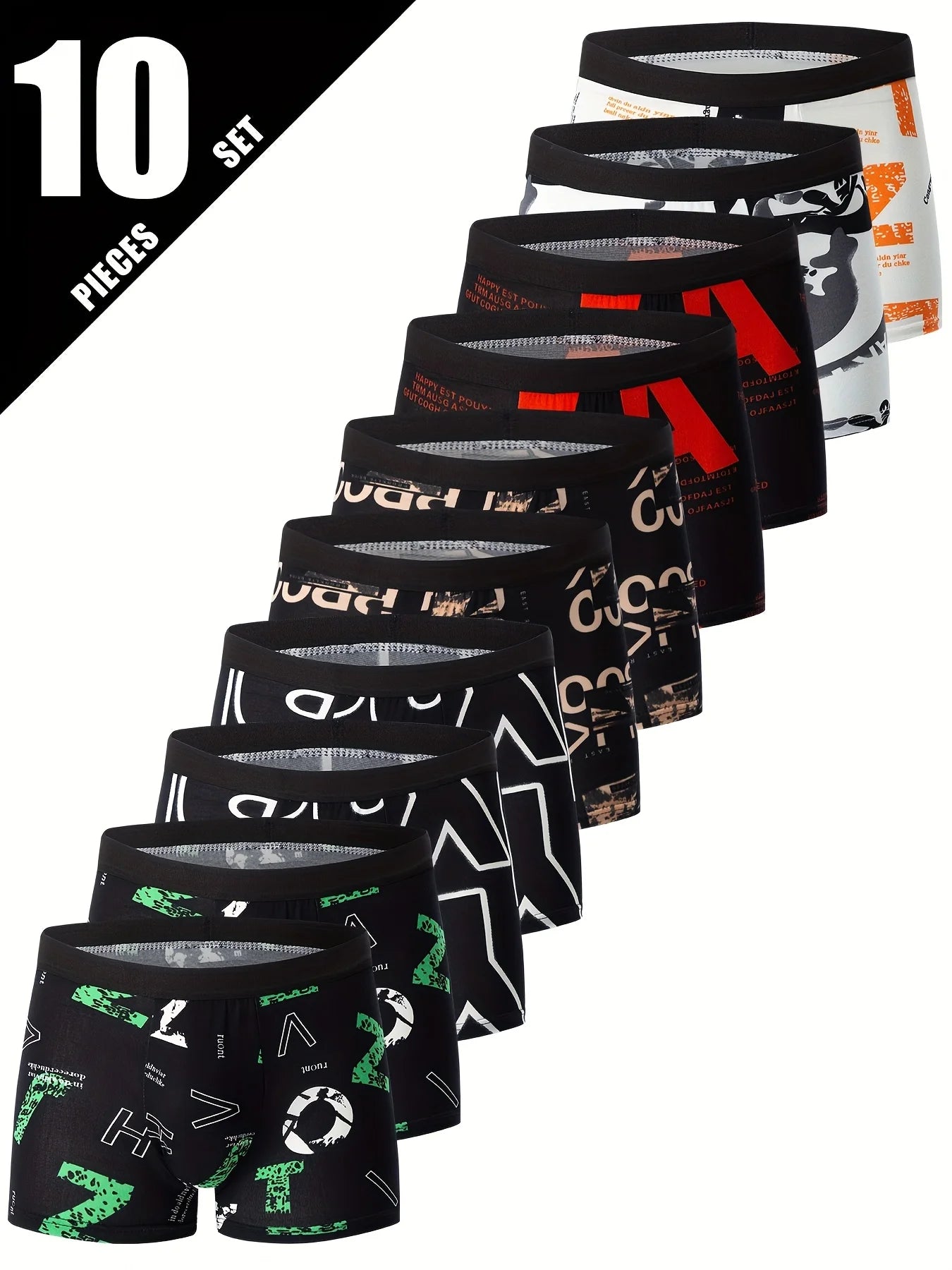 Mens 10-Piece Fashion Underwear Set - Comfortable Large Size Printed Boyshorts