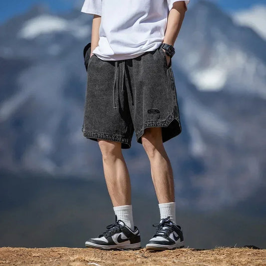 Baggy Denim Shorts - Men's Summer Casual Streetwear With Embroidery & Elastic Waist