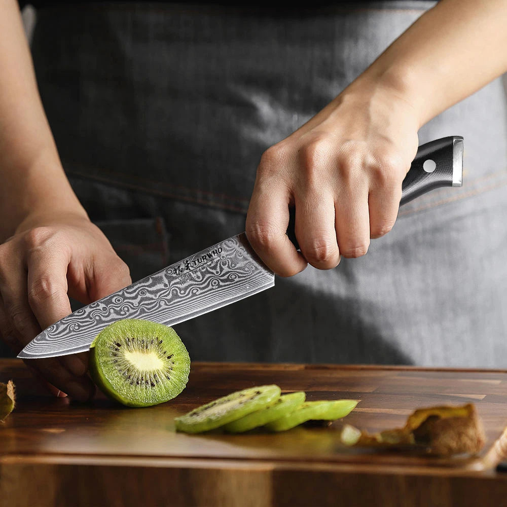 Damascus Steel Kitchen Knife – 5 Inch Utility Knife with Black G10 Handle, Rust Resistant Blade