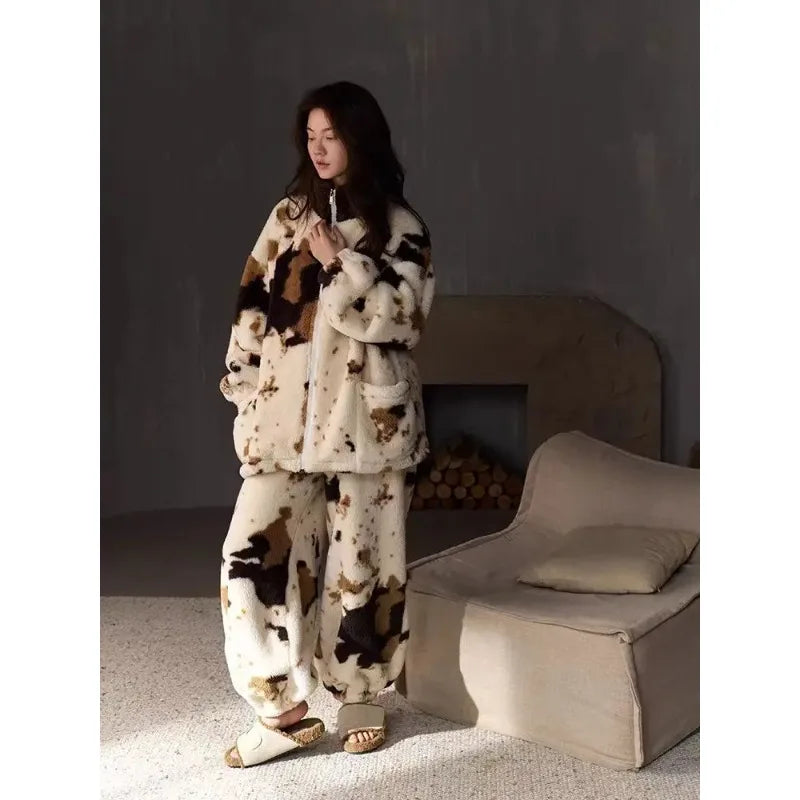 Thicken Coral Fleece Women's 2PCS Pajamas Set Loungewear Winter New Sleepwear Pijamas Suit Loose Casual Flannel Homewear Outwear