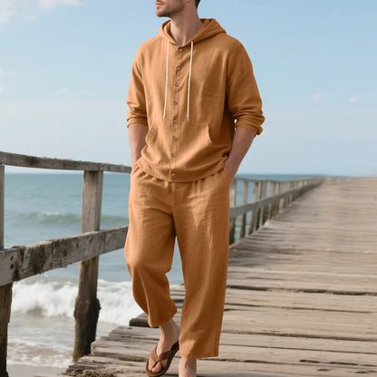 New Spring and Autumn Style Loose Men's Hoodie Set, Linen Material Beach Casual Two-Piece Suit