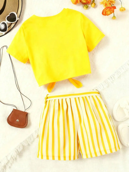 Women's casual daily short sleeved love printed+striped printed shorts 2-piece set with random belt striped children's clothing
