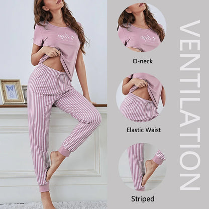 2Pcs Women Plus Size Pajamas Short-Sleeved White Striped Drawstring Trousers Student Homewear Suit Letter Print T-Shirt Ladies