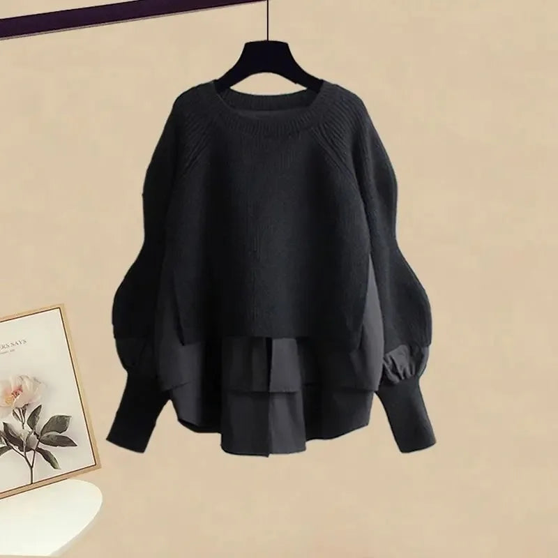 2025 Autumn/Winter New Korean Elegant Fake Two Piece Knit Sweater Top+Casual Pants Suit Women's Fashion Tracksuit Matching Set