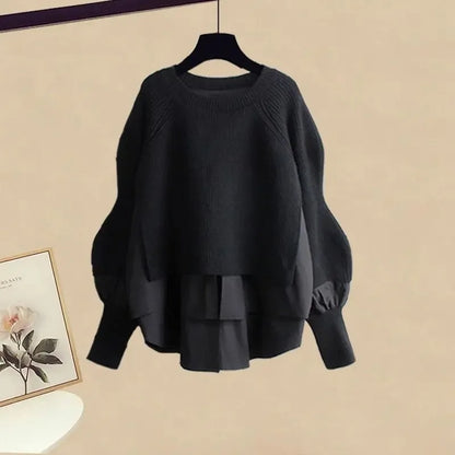 2025 Autumn/Winter New Korean Elegant Fake Two Piece Knit Sweater Top+Casual Pants Suit Women's Fashion Tracksuit Matching Set