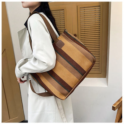 Striped Canvas Tote - Women's Crossbody Shoulder Bag With Zipper Closure, Versatile Daily Use
