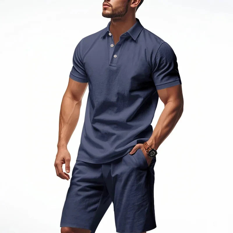 Casual Linen Men's Polo Shirt Short Sleeve Beach Shorts Set Turn-down Collar Summer New Style Men's Fashion Clothing Set