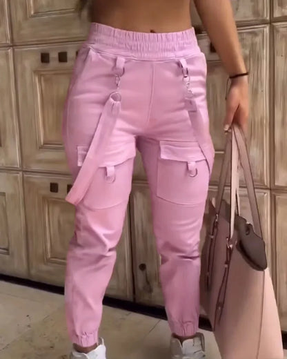 Women's Cargo Pants Casual Trousers 2026 Spring Autumn Solid Color Trend Street Pocket Design Cuff Suspenders Streetwear Women