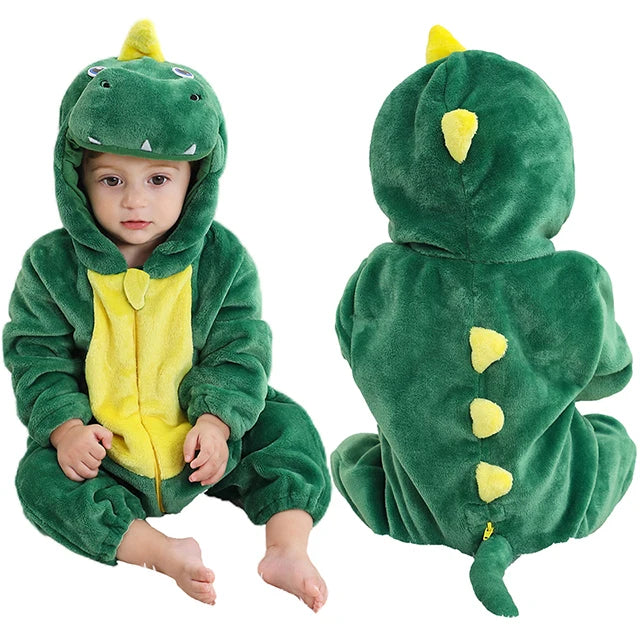Baby Winter Rompers - Soft Polyester Hooded Jumpsuit With Animal Pattern, Machine Washable