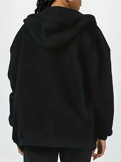 Women's Hoodie - Cozy Brown Zip-Up with White Print Casual Long Sleeve Sweatshirt  Drop Shoulder Design Relaxed Fit Winter W