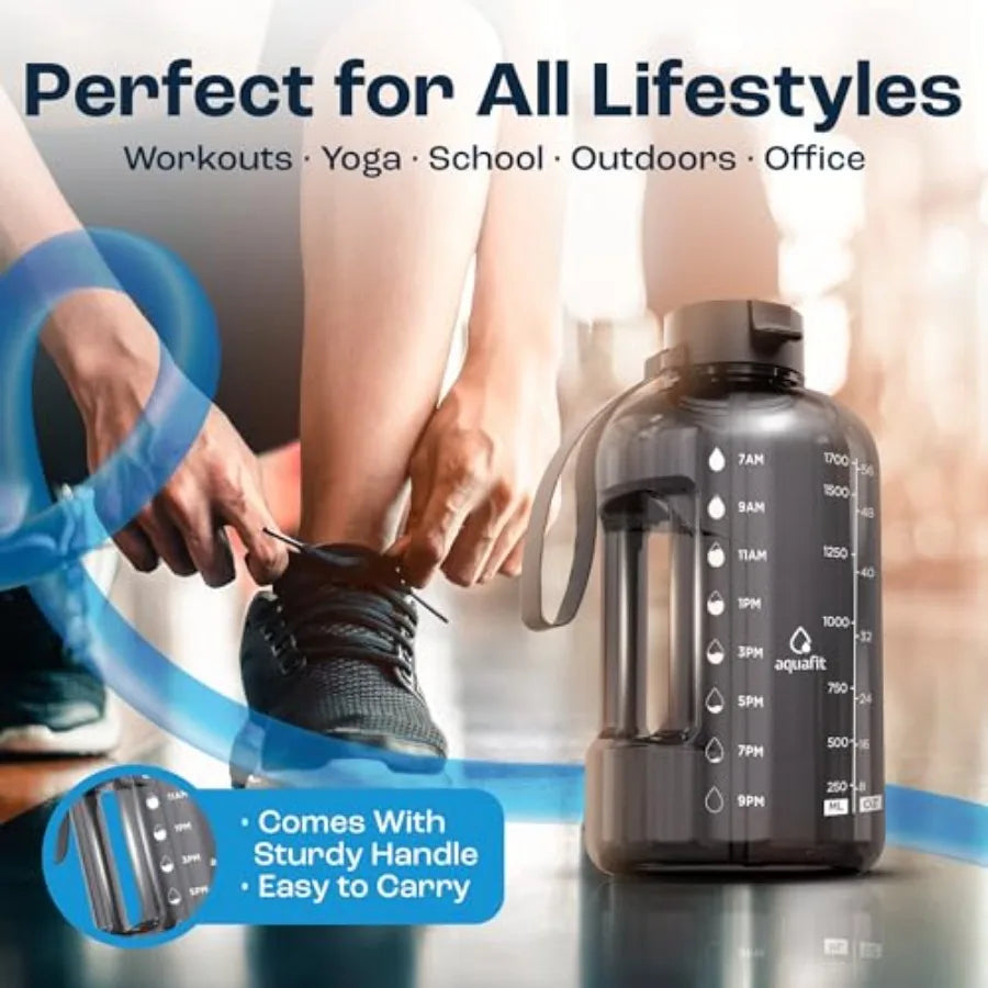 64 oz Water Bottle with Time Marker - Straw and Chug Lid - BPA Free Half Gallon Gym Water Bottle with Handle - Big Gallon Jug G