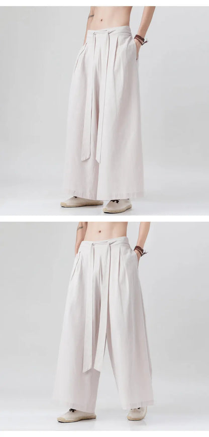Chinese Style Linen Cotton Retro Pants Man Summer Kimono  Solid Color Traditional Pants Male Streetwear Casual Wide-Leg Trousers