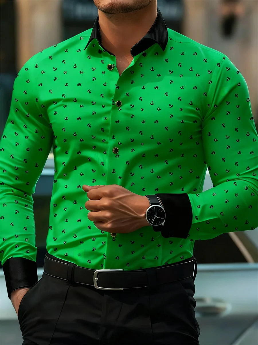 New Men's Fashion Anchor Print Contrast Color Lapel Long Sleeve Shirt Business Casual Slim Fit Non-iron Versatile Shirt XS-6XL