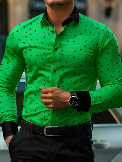 New Men's Fashion Anchor Print Contrast Color Lapel Long Sleeve Shirt Business Casual Slim Fit Non-iron Versatile Shirt XS-6XL