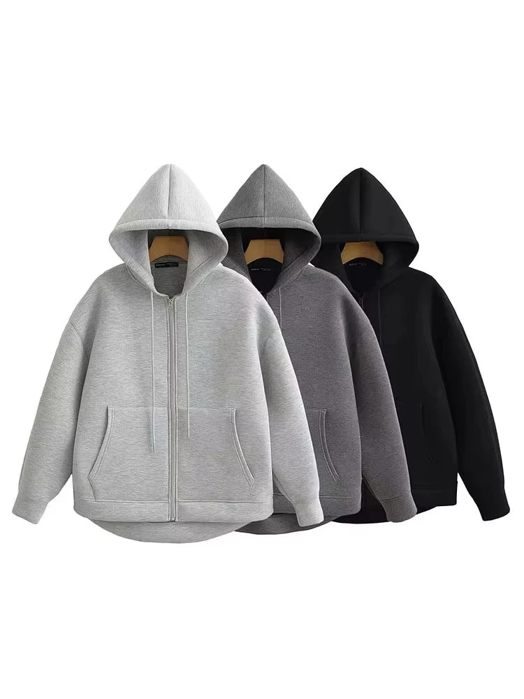 Women's Zipper Hoodie Oversize Jacket – Casual Outerwear Double Pocket Coat