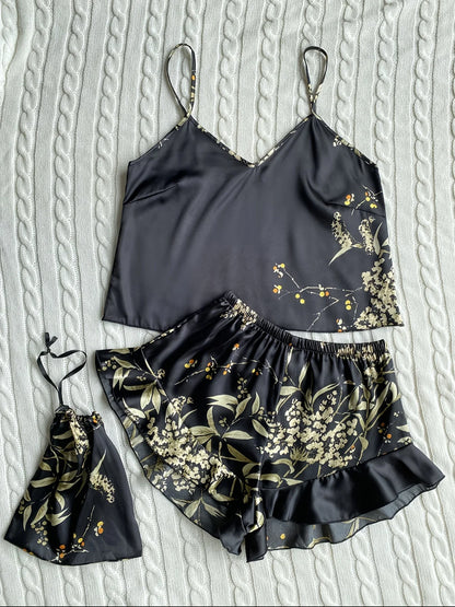 Elegant Floral Print Cami Tops Ruffle Hem Shorts Pajama Set  Women's Sleepwear Loungewear