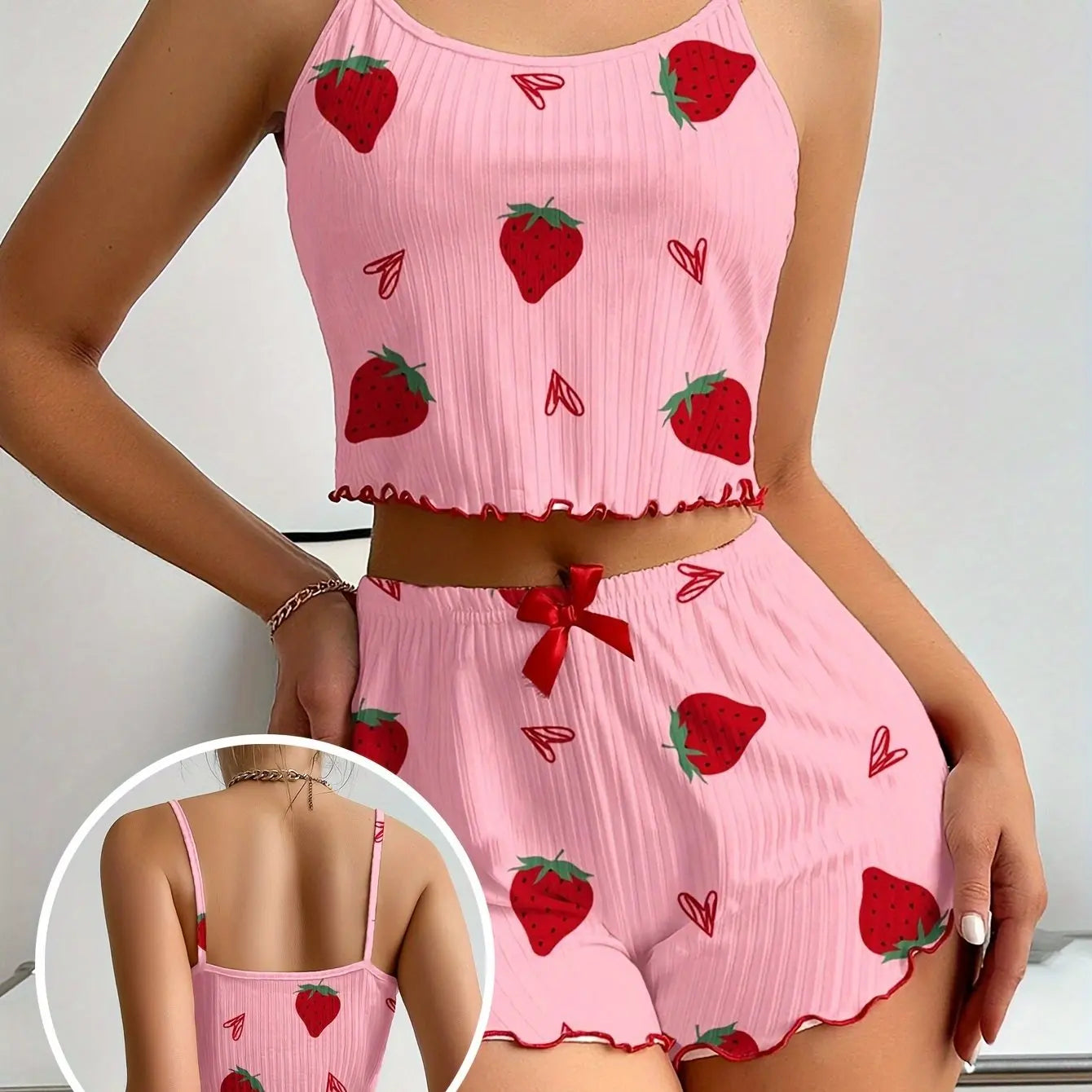 New Strawberry Print Sleepwear Set Women's Ribbed Pajamas with Hearts & Bow Soft Comfy Lounge Set with Shorts Cute Summer PjGift