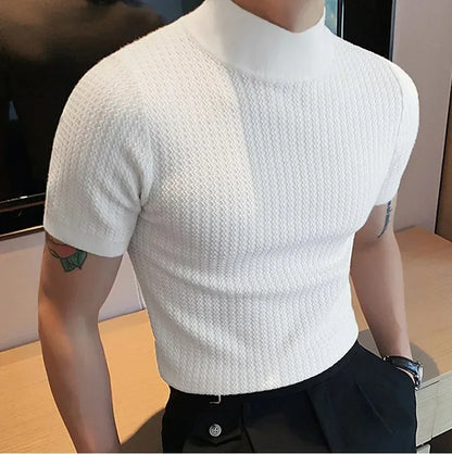 Men's High Neck T-Shirt – Casual Summer Knitted Base Tee | Breathable Polyester Top