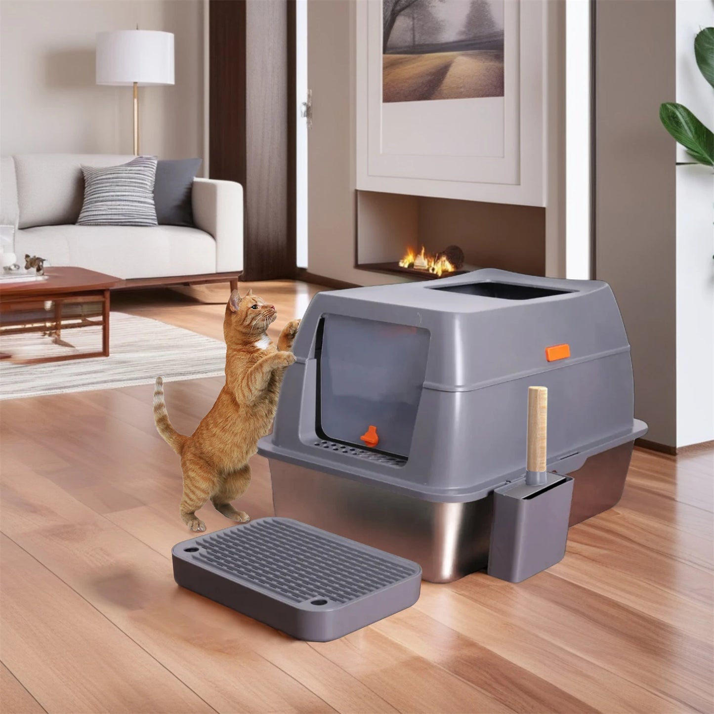 Extra Large Stainless Steel Cat Litter Box with Lid - High Wall Metal Tray for Big Cats - ZOOMNSTORE