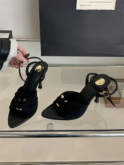 Eilyken Summer Fashion Thin Heels Pleated Hollow Out Buckle Strap Women Sandals Pointed Toe Banquet Party Female Shoes  6CM 9CM