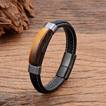 Natural Hematite Pink Crystal Tiger Eye Stone Bracelets Men's  Jewelry Braided Leather Handmade Male Bangles New In 2022