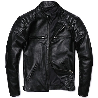 2025 Vintage Brown Genuine Leather Jacket Real Natural Cowhide Men Motorcycle Biker Coat Mens Slim Calf Skin Coat
