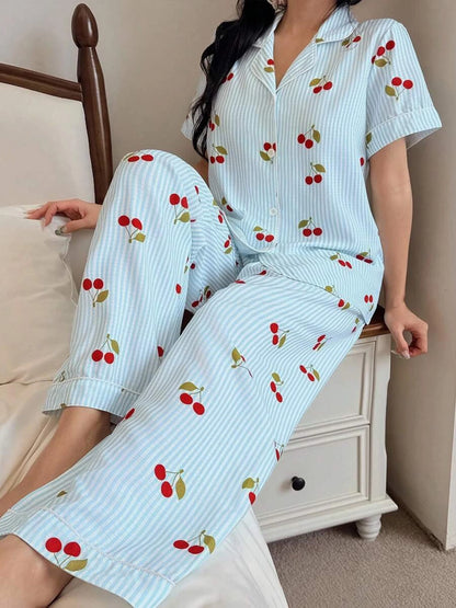 Spring Summer Autumn Winter Women's 2-piece Sweet Striped Cherry Patterned Flowered Shirt Short Sleeve Pants Homewear Sleeping S