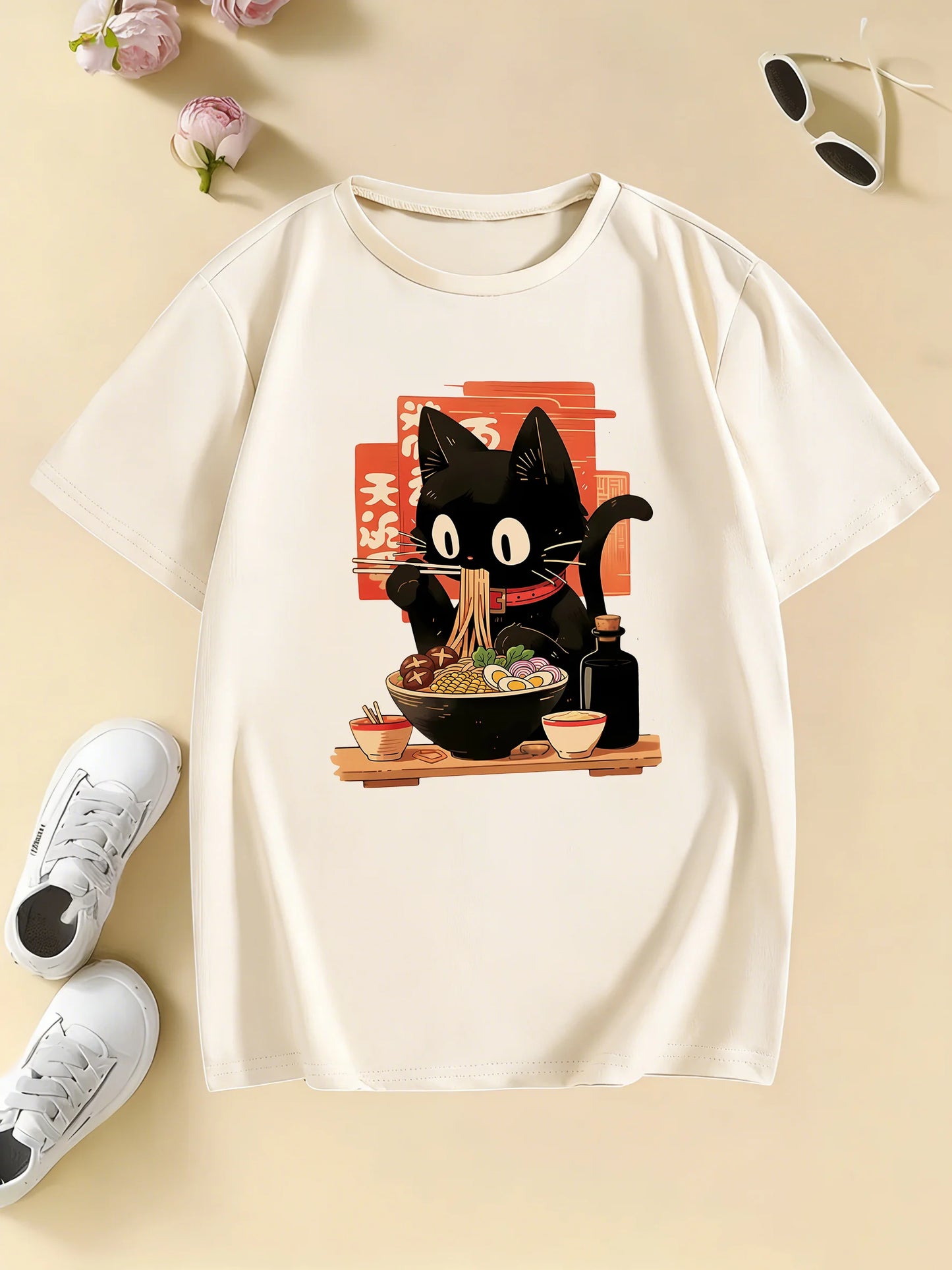 Cat Eat Ramen Kawaii Design Prined  T Shirts Manga Kids Children's T-shirt Boys Girls Summer Spring Casual Top Tee