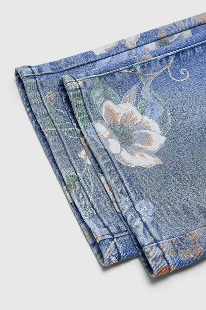 New for 2026: Women's Blue High-waisted Stretch Jeans, Vintage-style Loose-fit Wide-leg Denim Pants with A Floral Print.