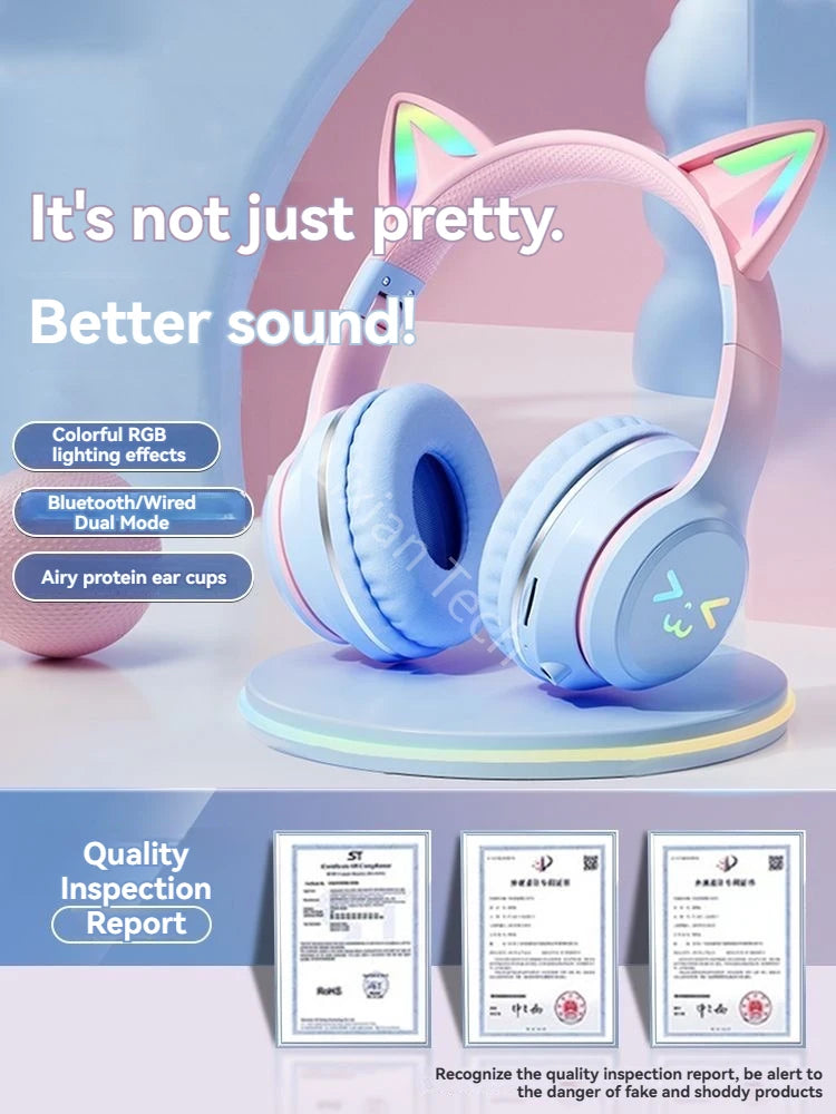 RGB Luminous Cat Ears Wireless Bluetooth Headphones With Microphone Headset Gamer Girl Call Noise Reduction Hifi Sale Handfree
