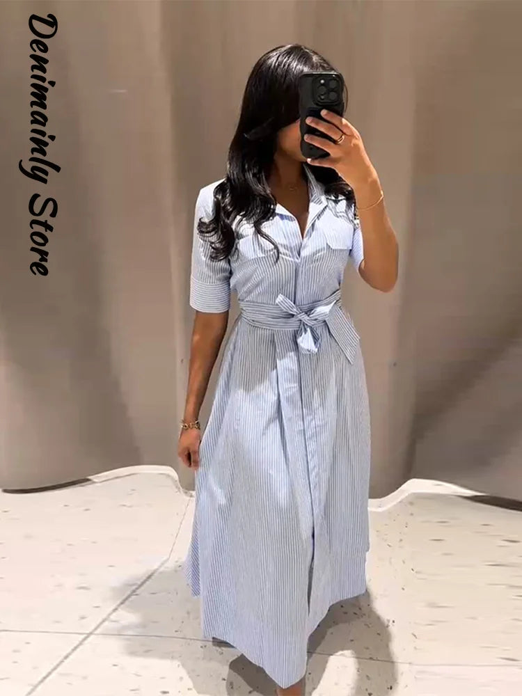 Women Summer Dress - Casual Striped Long Half Sleeve Slim Waist Mid-Calf Robe