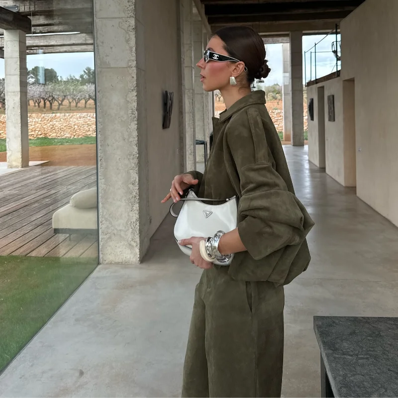 Vintage Suede Green Bomber Jacket Women Loose Lapel Full Sleeve Zipper Commute Coat 2025 Autumn Lady High Street All-match Coats