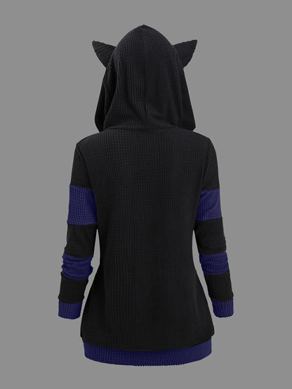 2024 European and American fashion women's new thick cat ears in autumn and winter long color matching hooded sweater coat