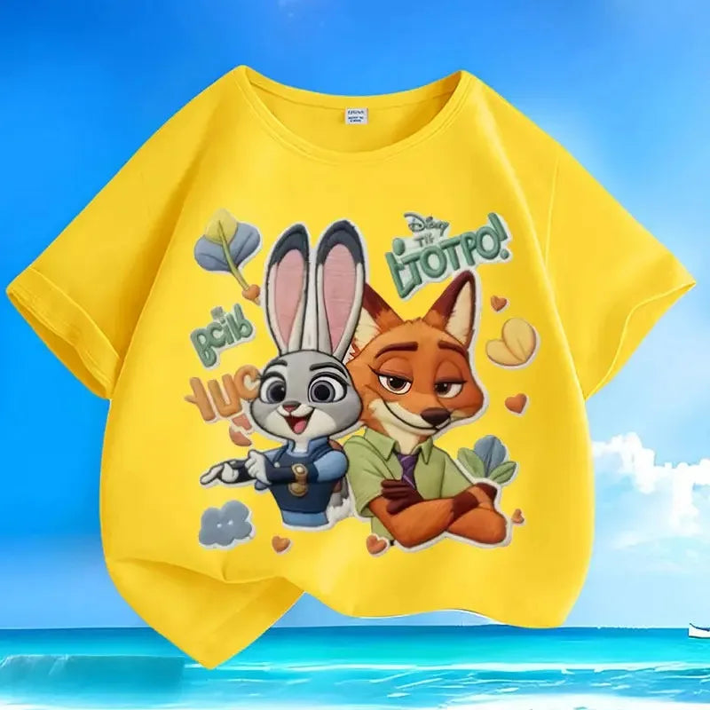 New loose pure cotton t-shirt with Disney Zootopia print, versatile, casual, summer, short-sleeved, with round neck,for children