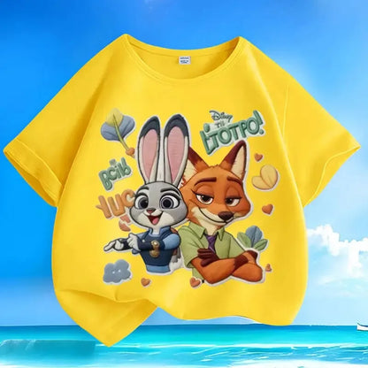 New loose pure cotton t-shirt with Disney Zootopia print, versatile, casual, summer, short-sleeved, with round neck,for children