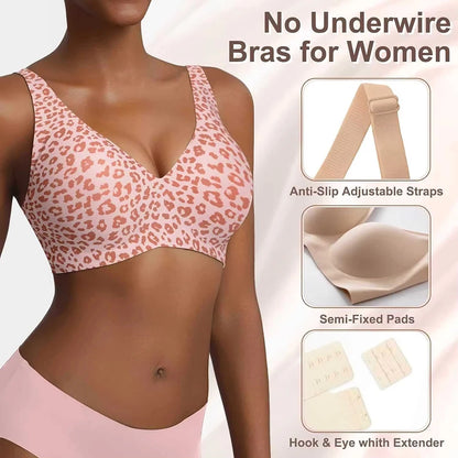 Deep V Jelly Bras Wireless Comfortable Bra Supportive No Underwire Bras Tshirt Push Up Bralette Pink Leopard Plunge Seamless Bra