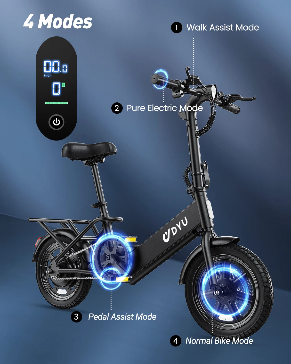 【1 Year Warranty】DYU C3 14 inch Folding Electric Bicycle Peak 500W Motor 280WH Battery Electric Bike,20mph City E-bike UL2849