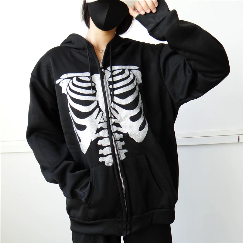 Y2K Rhinestone Cobweb Zip Up Oversized Sweatshirt 2022 Autumn Goth Hoodie Men Women Grunge Hooded Jacket Streetwear Y2K Clothing