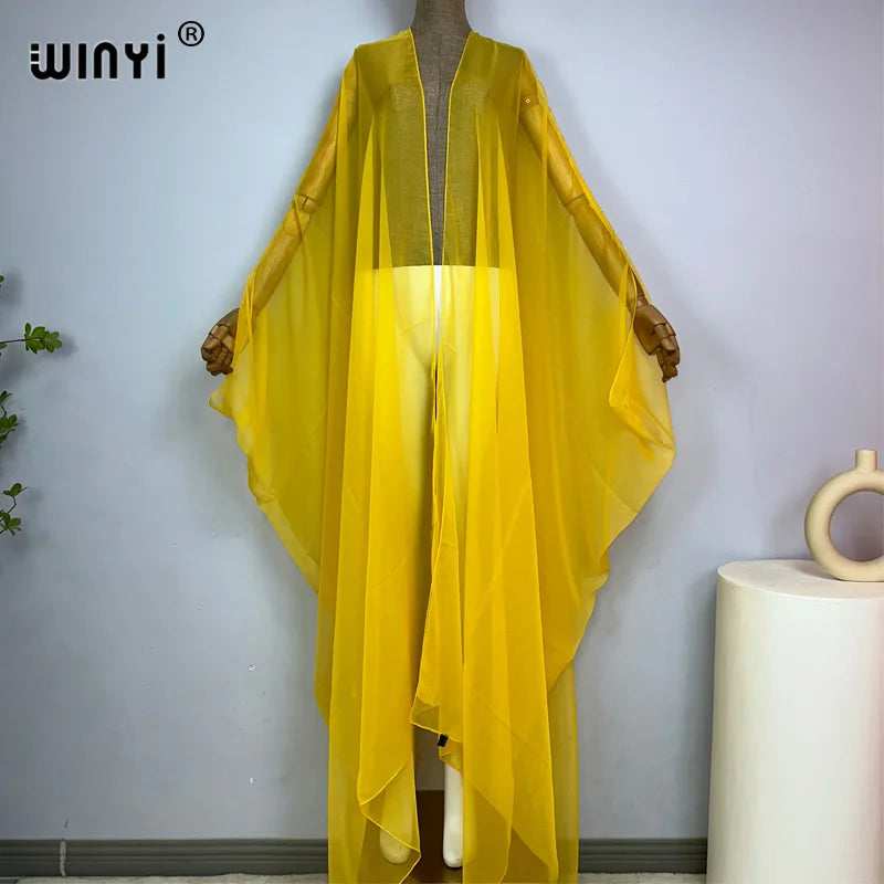 WINYI Beach sexy Cover Ups for Swimwear Women Kimono Swimsuit Cape Summer Dress 2023 Beachwear Monochrome perspective yarn dress