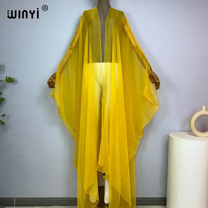 WINYI Beach sexy Cover Ups for Swimwear Women Kimono Swimsuit Cape Summer Dress 2023 Beachwear Monochrome perspective yarn dress