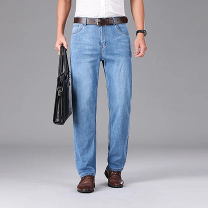 2026 Summer Brand Clothing Men's Straight Loose Lightweight Jeans Classic Badge Business Casual Thin Cotton Stretch Pants