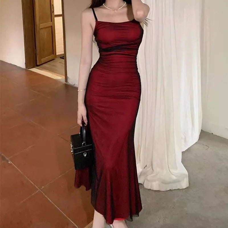 Party Maxi Dress - Elegant Women's Red Camisole Backless Spaghetti Strap Gown