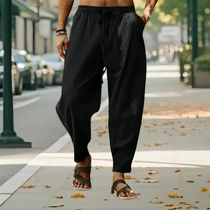 New Men Cotton Linen Pants Summer and Autumn Solid High Waist Wide-Leg Trousers Male Loose Hemp Casual Breathable Sports Pants