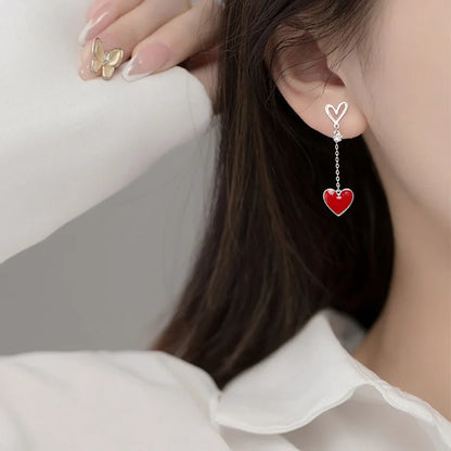 New Trendy Love Heart Zircon Tassel Earrings For Women Shiny Crystal Long Chain Asymmetric Dangle Earring Girl Party Jewelry